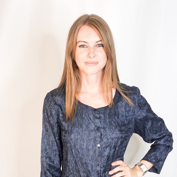 EILEEN FISHER Blue Silk Crinkle Button Shirt - Picture 2 of 8